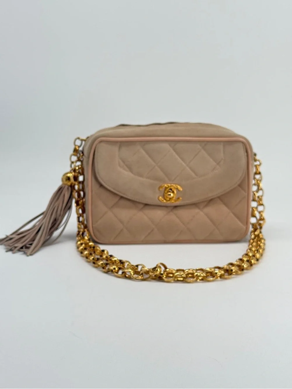 CHANEL Quilted Tassel CC Camera Bag Case In Pink Suede